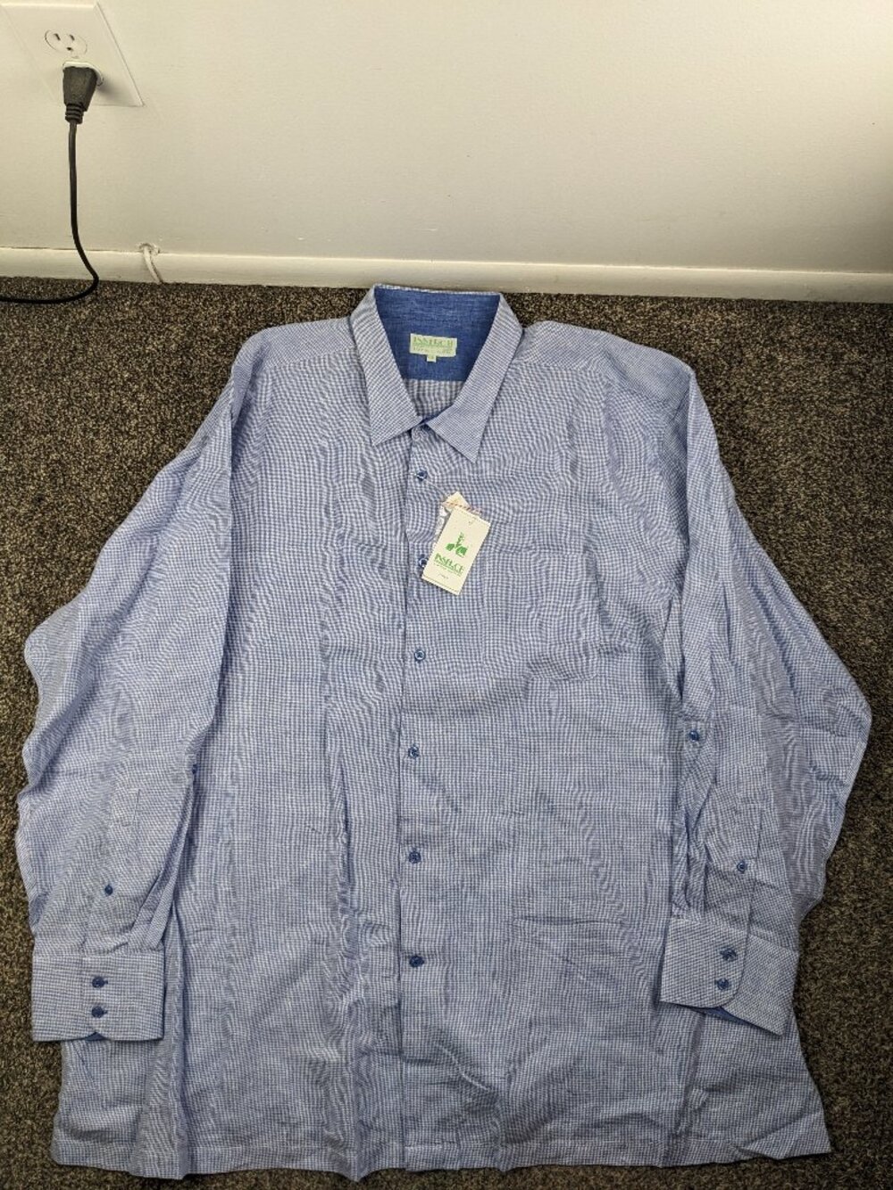 NWT Inserch Italy Shirt 100% Linen L/S Button Houndstooth Sky Blue Mens 6XL